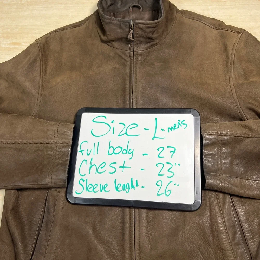 Tommy Hilfiger Mens Brown Leather Jacket Full Zip Mock Neck Coat Size Large